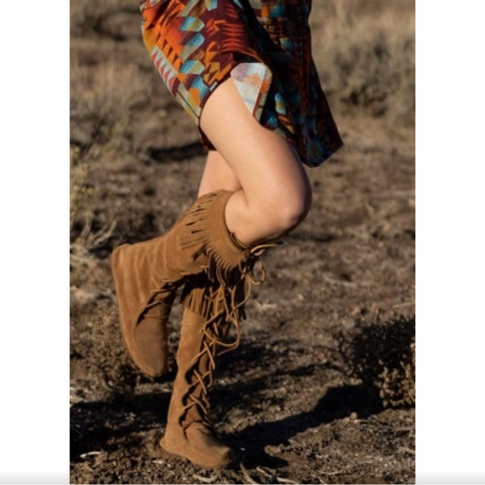 Minnetonka front Lace Fringe knee Boot